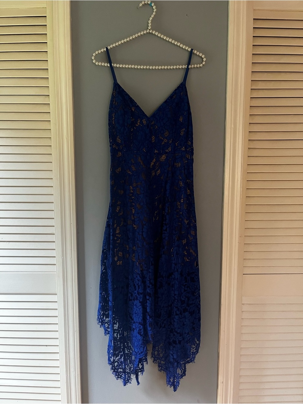 Lulu's Royal Blue Asymmetrical Lace Slip Dress